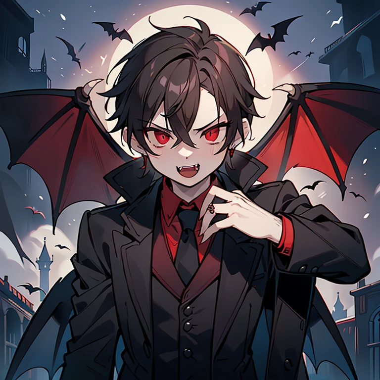 Masterpiece, best quality, Dark, One vampire boy, Solo, handsome face, Rotten skin is pale, Sharp fangs, Red eyes, (Blood dripping from the mouth, Strong gaze, has short black hair, wears suit, Moonlight, gothic environment, Shadows, Mist, Bat wings, Ancient castle, Vampire fangs, Pale moonlight,  Transformation, bloodthirsty, Fangs pierce the skin, Vampire bites, creepy atmospher, Bats fly, Night, elegant, mysterious