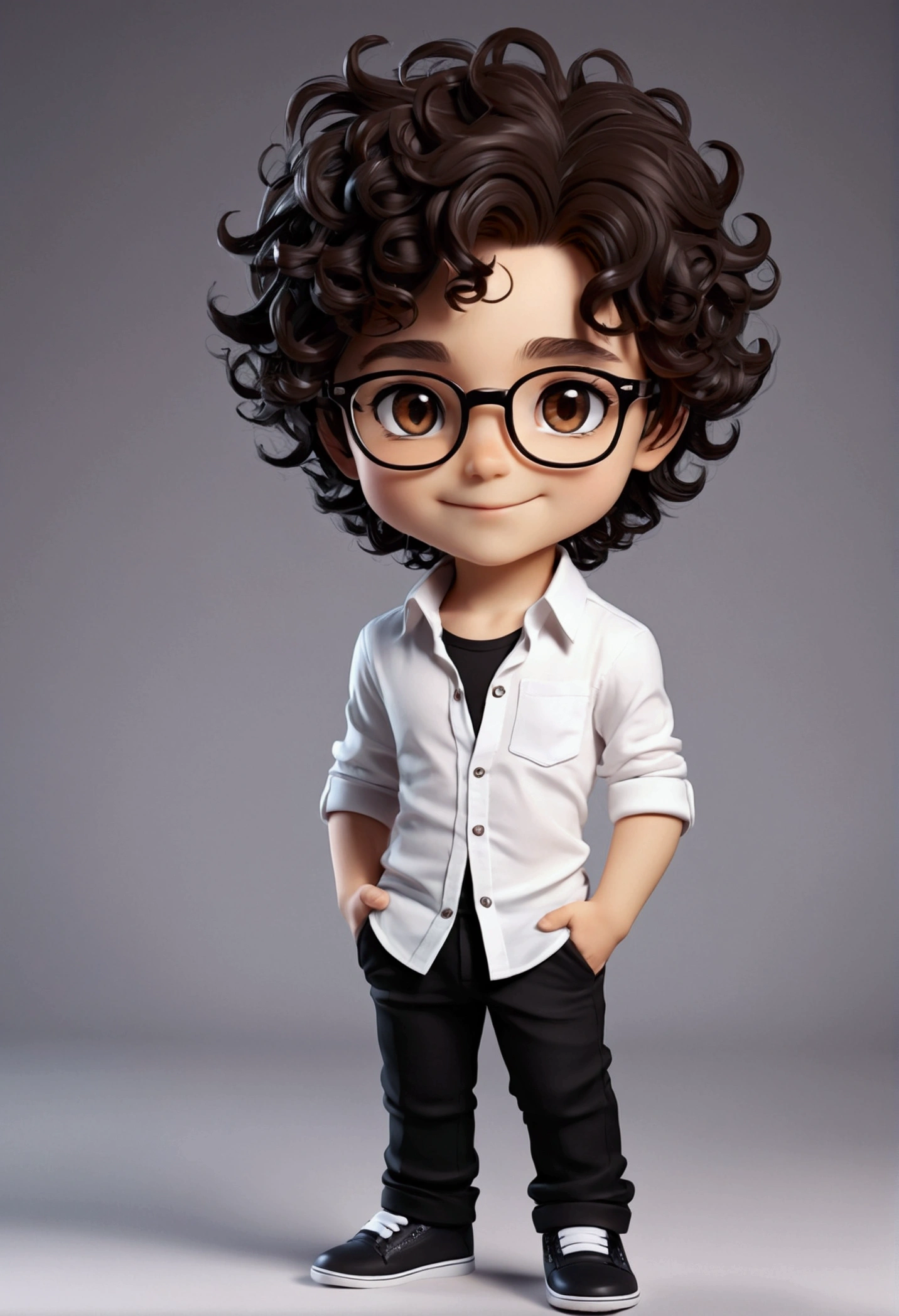 chibi style,boy,beautidul eyes,athletic,beautidul eyes,A seductive smile, with dark brown curly hair, thin glasses, shirt white, with black pants.