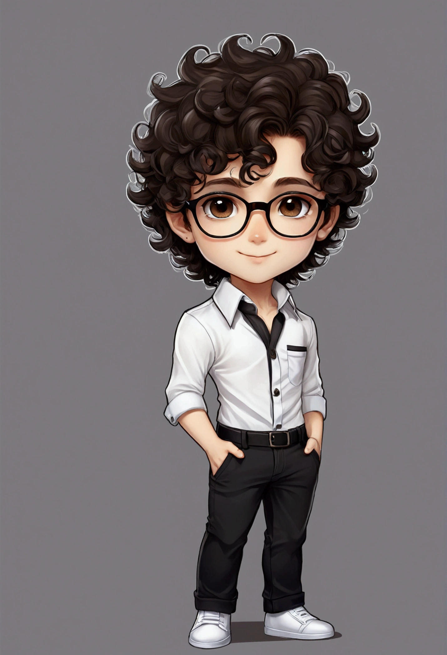 chibi style,boy,beautidul eyes,athletic,beautidul eyes,A seductive smile, with dark brown curly hair, thin glasses, shirt white, with black pants.