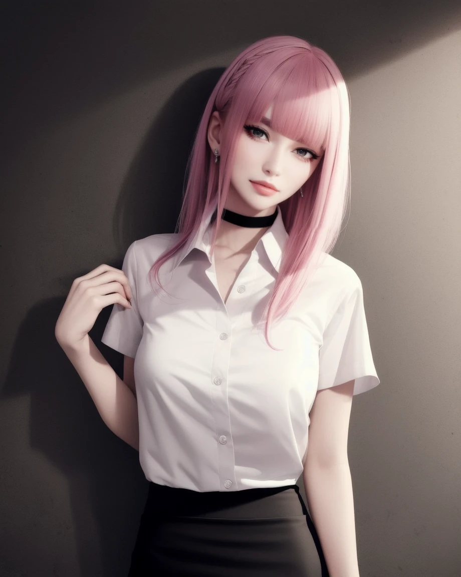 (masterpiece, Highest quality, One girl, alone, Intricate details, chromatic aberration), (Realistic),(skin), ((breathe)),(Pink Hair,Blunt bangs),Detailed Hair, Red headdress, Blue Highlights, Hair on one eye,Purple eyes, Earrings, Sharp eyes, choker,((White shirt short sleeve)),((black pencil short skirt)),((Symmetrical eyes)),((Perfectly symmetrical body)),(Pure Eros Face_v1:0.3), night,(((Natural light))),Backlight,Against a grey wall, Dim lighting ,View the viewer,((Center shot, from the front,(Face and waist))),