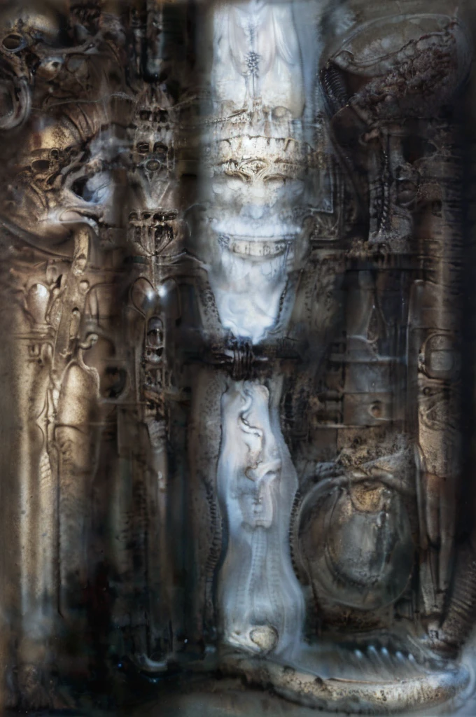 xgiger, The image is a detailed view of H.R. Giger's biomechanical tableau \" LANDSCAPE No 312 \" plate, featuring
a complex, intricate, and detailed design of endless Machine in the transit space aside the cascade of fallen water, that appears to be a fusion of organic and mechanical elements, with a focus on the interplay between the two.The piece is a tableau, most likely created with a India ink pen or pencil on paper, determined by the thin lines, shading techniques, and the texture of the paper, which is visible around the edges.
Used is pen, given the shading and variations in line weight visible in the image. Artist have used a variety of stylus with different degrees of hardness to achieve the shading effects.
The use of undersaturated green-grays dark contrasts creates a stark and graphic look. Is used a variety of linework techniques to create different textures. Fine, parallel lines create a smooth, metallic texture,while thicker, more cursive lines suggest cables or wires.
Light source from the top highlights skeletals, pper part of foreground, lower part of image is in shadowupper part of foreground, lower part of image is in shadow.
The art performance showcases the artist’s skills in observation and rendering. The level of detail in the piece suggests a close study of real bone specimens and mechanics. The artist has skillfully used shading techniques to create a convincing illusion of three-dimensionality on a flat surface. The wrinkles and cracks in the surface, and the cast shadows with accuracy, used shading techniques to create a realistic depiction of light and shadow on the objects. This creates a sense of depth and dimension in the image. The artist has used careful linework to depict the contours and textures in the piece
Sharp focus on foreground elements illustration. Deep and delicate DOF. Big painting. Stored in Louvre masterpiece, ooze soaked pajama top