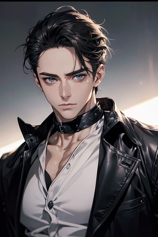 (Best Quality,4k,8k,high resolution,Masterpiece:1.2),ultra detailed,(realist,photorealist,photo-realist:1.37),1 man,31 years,mature man,muscular,square jaw,very handsome,without expresion,short gray black hair,hairstyle,Blue eyes,glare,perfect face without mistakes,imposing posture,collar jacket,leather jacket,dark background,cinematic lighting,imagen HDR