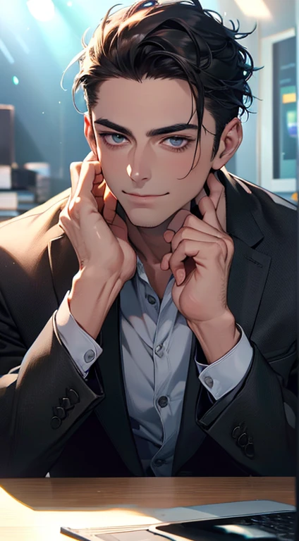 (best quality,4k,8k,highres,masterpiece:1.2),ultra-detailed,(realistic,photorealistic,photo-realistic:1.37),1 man,31 years old,mature man,very handsome,without expression,smile,short grey black hair,blue eyes,penetrating gaze,perfect face without errors,imposing posture,businessman,office background,cinematic lighting,hdr image