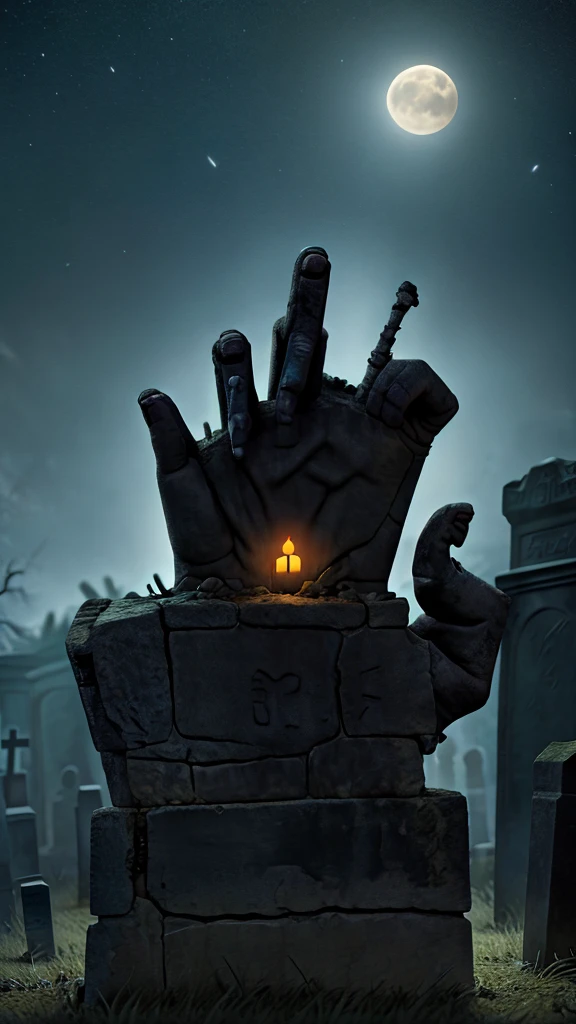 Zombie hands emerging from tombstone in dark night horror haunted creepy cemetery