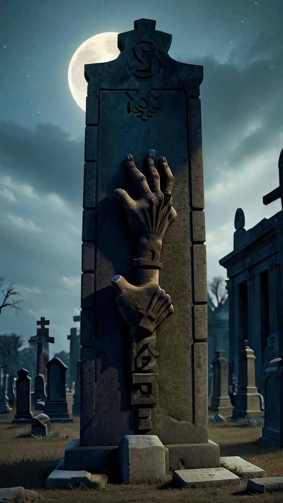 Zombie hands emerging from tombstone  in dark night horror haunted creepy cemetery 