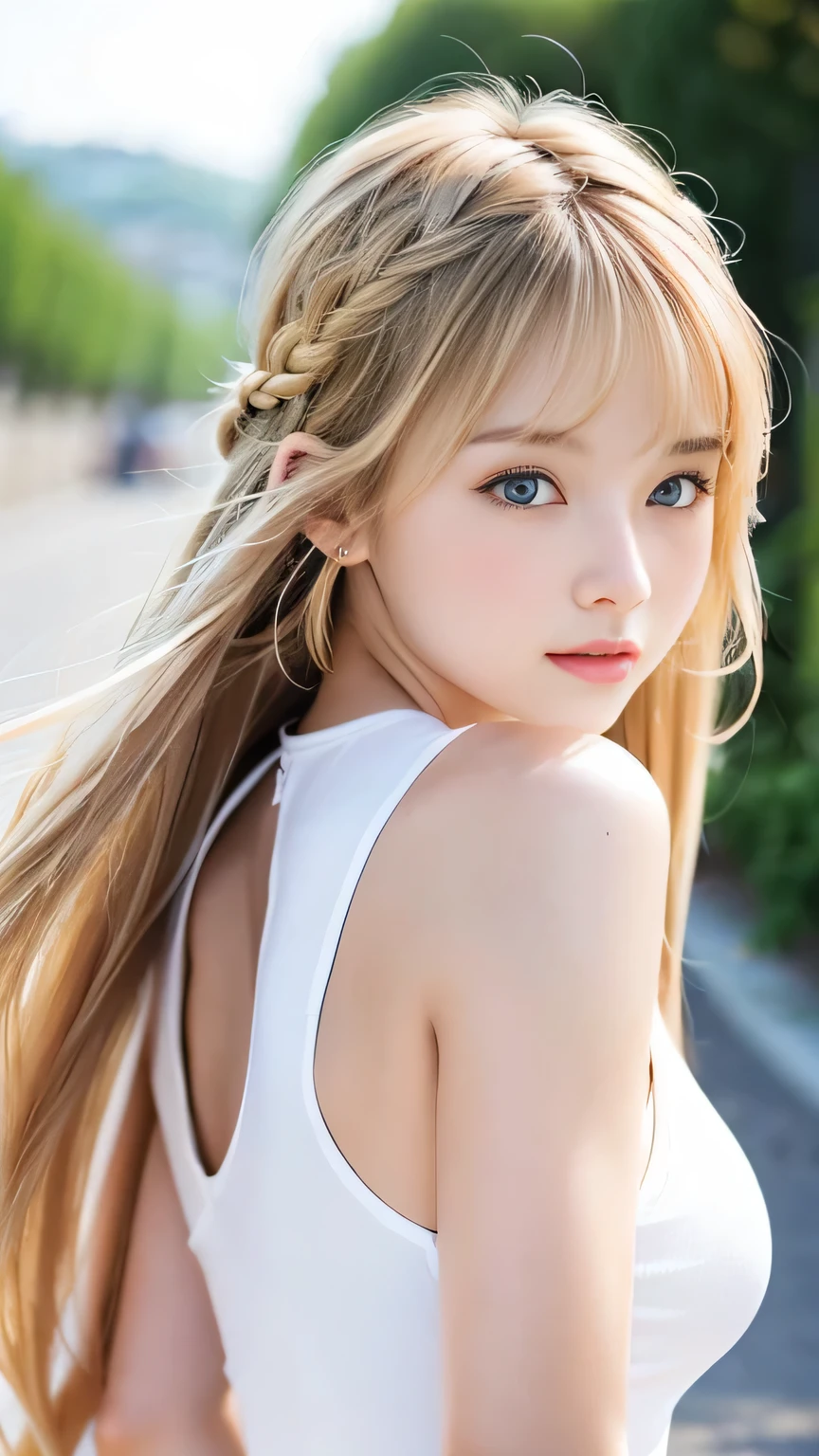 Sexy Big 、Sexy cute looks and cute beautiful girl, beautiful and sexy face、A strong wind blows my hair in front of my face、beautiful long blonde French braided hair、beautiful, Cute and sexy eyes hidden behind long bangs