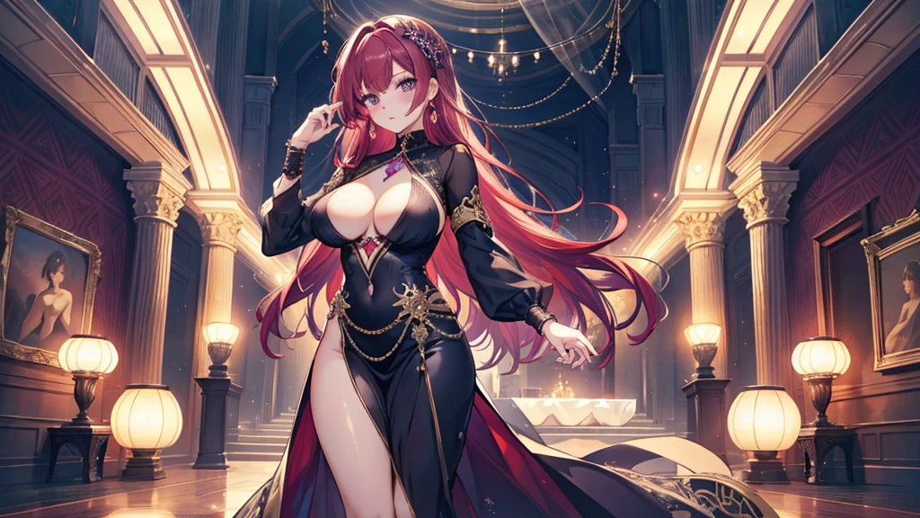 Highest quality, masterpiece, figure, wallpaper,One woman, Beautiful detailed woman, Highly detailed eyes and face, Beautiful attention to detail, Shine, Purple Eyes,,Bright Red Hair ,crisp finger, clear background, deep night、Big earrings、bracelet,28 years old,Are standing,Thighs,Large Breasts、Nipples、nude、sexual act