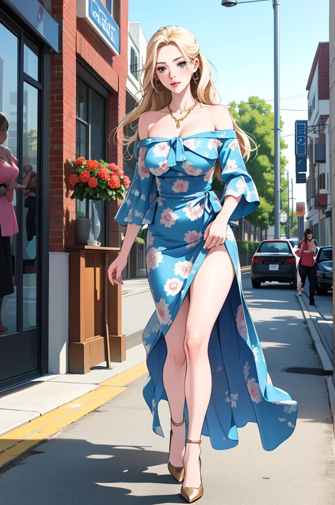 An extremely beautiful stunning woman with a perfect busty body, gold blonde long silky hair, big blue eyes, extremely super bright snow white fair stunning flawless glowing lush shiny flawless white skin, a perfect tight hourglass figure, and a skinny waist, sexy thick smooth luscious legs and thighs, extremely cute smile on the face, bright pink blushes on cheeks, wearing a short revealing sky-blue floral dress along, a pink sash around the waist and a brown off-shoulder sweater, yellow heels, gold necklace on the neck, gold anklets on feet, gold chain on the waist, standing straight, holding a red roses bouquet, street in the background, show full body from head to feet.