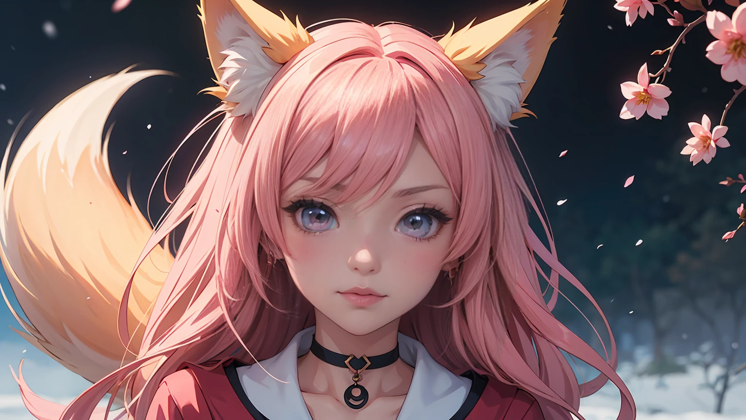 Nine snow-white fox tails (1.0), milky fox tail (1.0), fox close-up of nine tails, nine-tails, nine-tails, anime girl with pink hair and pink dress with flowers on her hair, very beautiful anime fox girl, beautiful anime fox girl, beautiful fantasy anime, guweiz, anime girl with fox ears, beautiful anime girl, very beautiful and cute fox girl, pink flower rain, background blur, anime style 4 K, anime fantasy artwork, 4k anime wallpaper, Artwork in the Guvez style