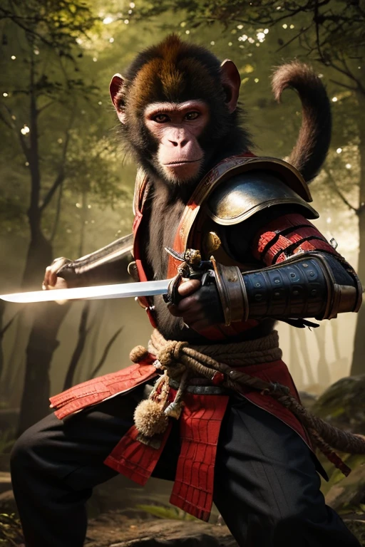 A realistic monkey with human-like features, dressed in samurai armor, holding a sword in a ready stance, in a dimly lit forest.