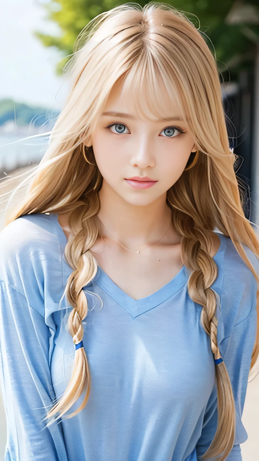 Sexy Big 、Sexy cute looks and cute 15 year old beautiful girl, beautiful and sexy face、A strong wind blows my hair in front of my face、beautiful long blonde French braided hair、beautiful, Cute and sexy eyes hidden behind long bangs