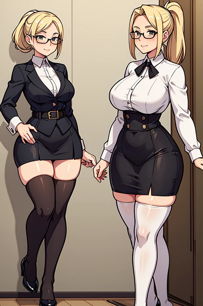 mature woman, older woman, aged woman, wrinkles, blonde, ponytail, glasses, curvy, wide hips, slim waist, thick thighs, white shirt, black skirt, thighhighs