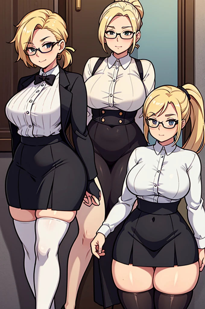mature woman, older woman, aged woman, wrinkles, blonde, ponytail, glasses, curvy, wide hips, slim waist, thick thighs, white shirt, black skirt, thighhighs