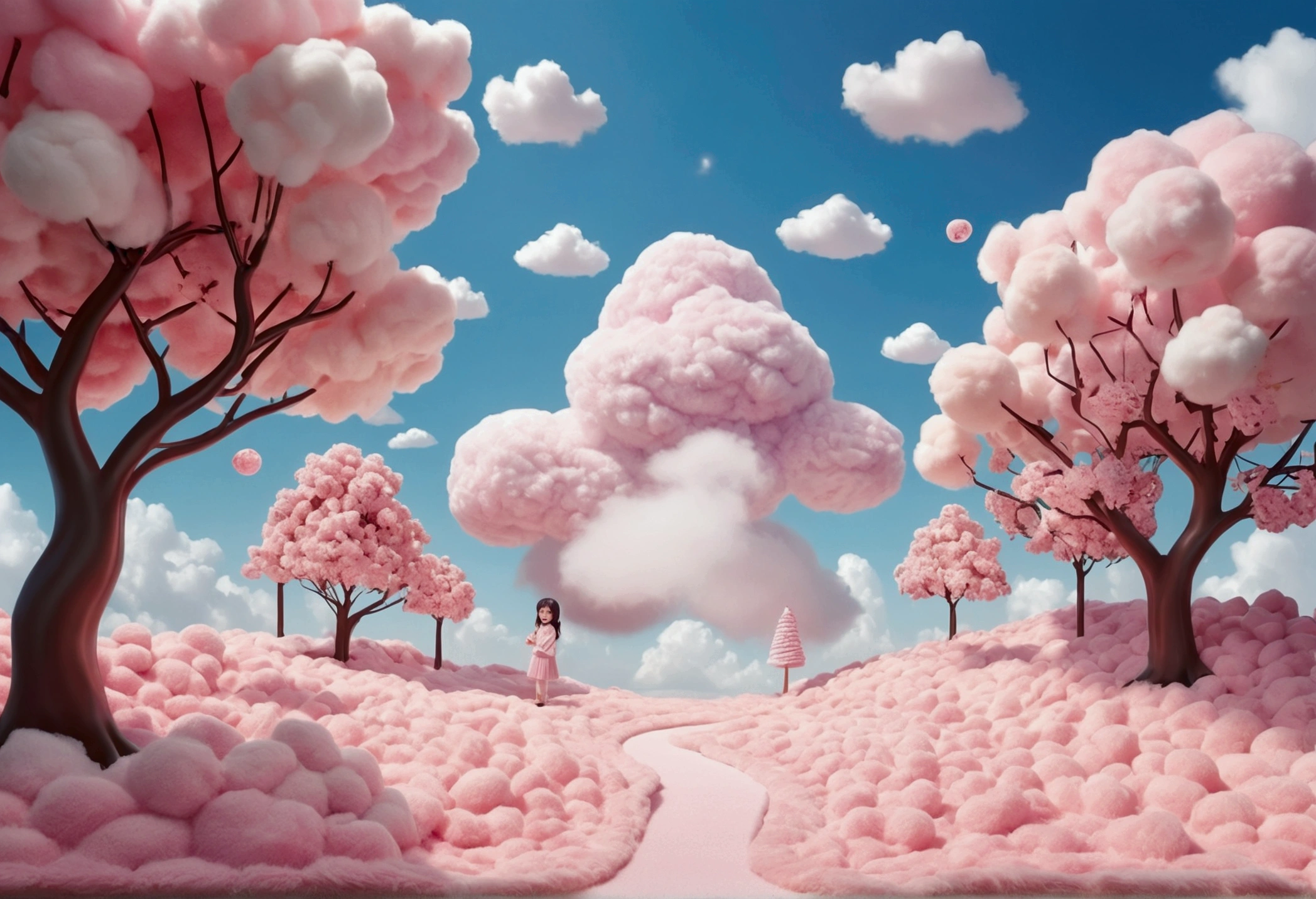 A cute dream-like world in pastel colors, a carpet of clouds made of cotton candy, a tree made of candy, and Nendoroids.