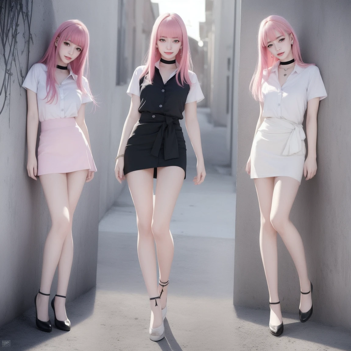 (masterpiece, Highest quality, One girl, alone, Intricate details, chromatic aberration), (Realistic),(skin), ((breathe)),(Pink Hair, Blunt bangs),Detailed Hair, Red headdress, Blue Highlights, Hair on one eye, Purple eyes, Earrings, Sharp eyes, choker,((White shirt short sleeve)),((black pencil short skirt)),((Symmetrical eyes)),((Perfectly symmetrical body)),(Pure Eros Face_v1:0.3), night,(((Natural light))),Backlight, Against a grey wall, Dim lighting ,View the viewer,((Center shot, from the front,(Face and waist))), (full body:1.5), (three view drawing, front and back and side, character sheet:1.3)