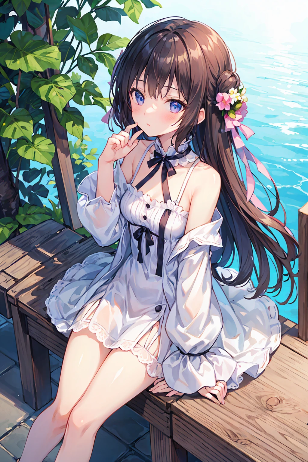 masterpiece、Highest quality、Highest quality、(((upon)))、  ((((small))))、Hair quality and shine、顔がsmall、Sitting、Very detailed, beautiful, Big eyes、Very detailed, clear and beautiful faces、(Cute illustrations:1.2), High resolution, Very detailed, Highest quality, Embarrassing ，((Highest quality)), (Very detailed), (High-definition CG synthesis 8K wallpaper), 高いly detailed, 高い-definition raw color photos, Professional photography, Written boundary depth,Small breasts，French kiss，Early summer sunlight