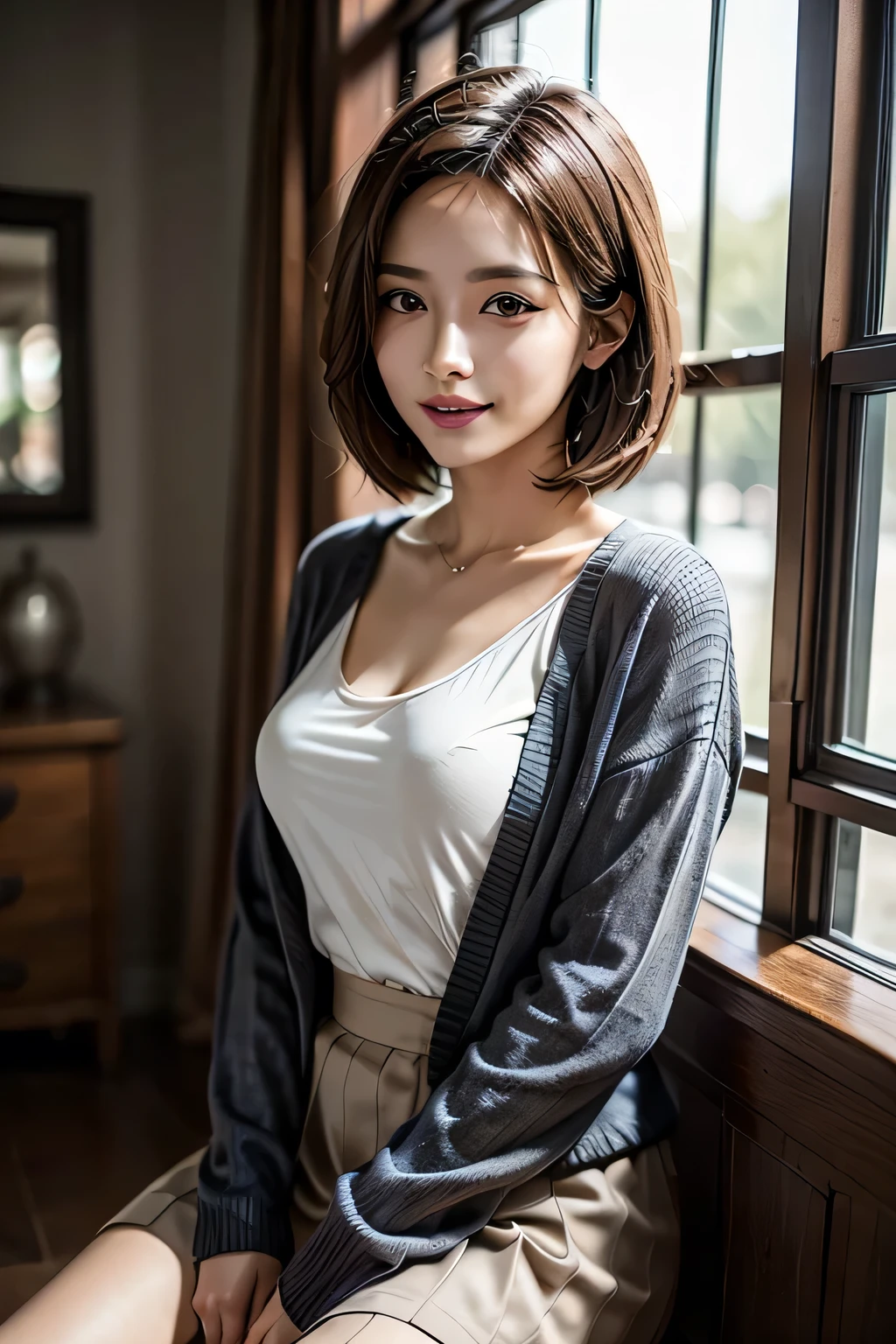 1 female, (Beautiful face with detailed shading), whole body, 40s, (Big Breasts), Beaver, Brown eyes, (Pink Cardigan), Open cardigan, White Camisole Blouse, (Yellow pleated skirt), White knee-high, On the bed, (Tabletop)), ((Highest quality)), (Very detailedな), ((attractive)), ((Very detailed)), 4K, (8k), Highest quality, (beautiful),(((World Class Quality))), Very detailed, High resolution,