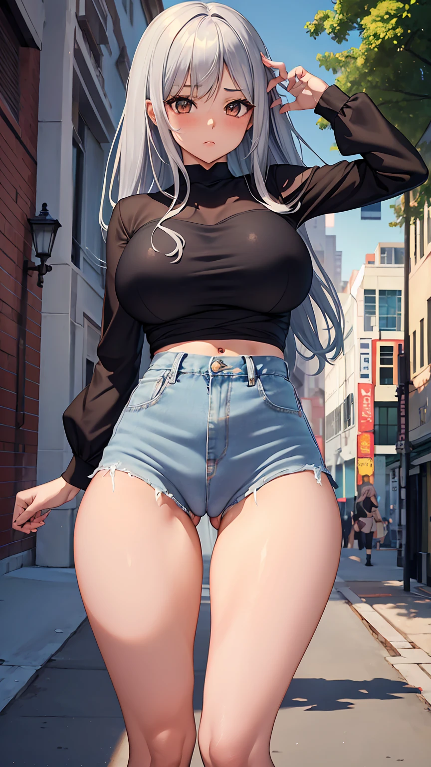 1girl, anime girl, anime, (dark skin), 2d girl, 18y, (fullbody), standing, anime girl, pensive, (silver hair), ((black blouse)), Solo, Slim, large breasts, big , big Breasts, Tight Shorts, low waist shorts, upshorts, skyscrapers background, modern city, looking at viewer, darker shadows, (((Wedgie))), (((explicit))), (((shorts))), (((absurdres))), (((thigh gap))), (((cameltoe))), (((cleft of venus))), (((lowleg shorts))), (((innie pussy))), (((inniepussy))), (((innie_pussy)))