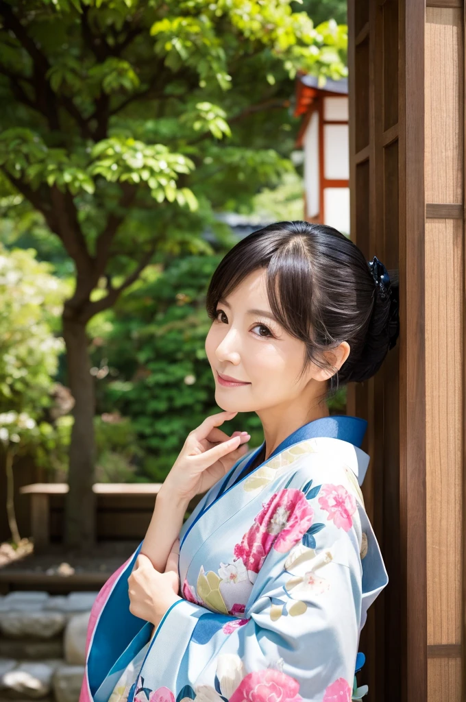 best quality, 1 mature woman, japanese, wearing kimono, one shoulder exposed, seductive pose, natural light, outdoor garden