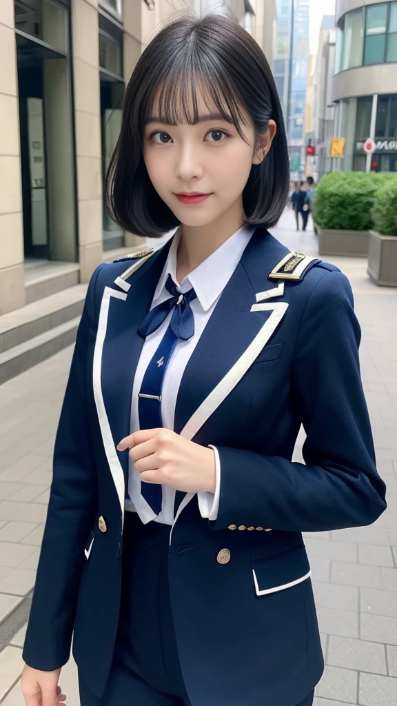 ((Highest quality、Highest quality、8k、masterpiece:1.3))、Short black hair、Ultra-fine face、Photograph the whole body、Detailed eyes、double eyelid、Street、Royal Navy Uniforms、Navy blue military uniform、Royal Navy、Rank of lieutenant、Medium sized breasts:1.2、Single jacket、Navy blue tie、pumps、on a battleship、On a ship sailing across the Atlantic、One Japanese woman、26-year-old woman、Perfect proportions、Pantyhose in natural colors