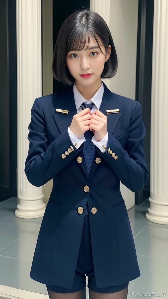 ((Highest quality、Highest quality、8k、masterpiece:1.3))、Short black hair、Ultra-fine face、Photograph the whole body、Detailed eyes、double eyelid、Street、Royal Navy Uniforms、Navy blue military uniform、Royal Navy、Rank of lieutenant、Medium sized breasts:1.2、Single jacket、Navy blue tie、pumps、on a battleship、On a ship sailing across the Atlantic、One Japanese woman、26-year-old woman、Perfect proportions、Pantyhose in natural colors