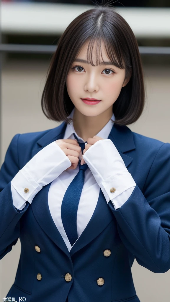 ((Highest quality、Highest quality、8k、masterpiece:1.3))、Short black hair、Ultra-fine face、Photograph the whole body、Detailed eyes、double eyelid、Street、Royal Navy Uniforms、Navy blue military uniform、Royal Navy、Rank of lieutenant、Medium sized breasts:1.2、Single jacket、Navy blue tie、pumps、on a battleship、On a ship sailing across the Atlantic、One Japanese woman、26-year-old woman、Perfect proportions、Pantyhose in natural colors