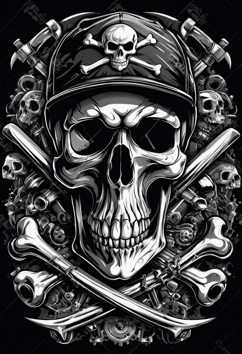 T-shirt design, skull and crossbones, mechanic, vector illustration, highly detailed illustration.”, highly detailed vector art, detailed vectorart, heavy metal artwork