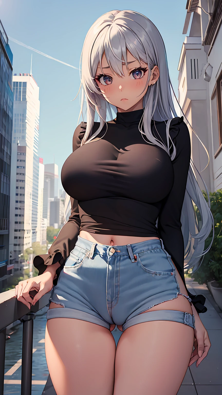 1girl, anime girl, anime, (dark skin), 2d girl, 18y, (fullbody), standing, anime girl, pensive, (silver hair), ((black blouse)), Solo, Slim, large breasts, big , big Breasts, Tight Shorts, low waist shorts, upshorts, skyscrapers background, modern city, looking at viewer, darker shadows, (((Wedgie))), (((explicit))), (((shorts))), (((absurdres))), (((thigh gap))), (((cameltoe))), (((cleft of venus))), (((lowleg shorts))), (((innie pussy))), (((inniepussy))), (((innie_pussy)))