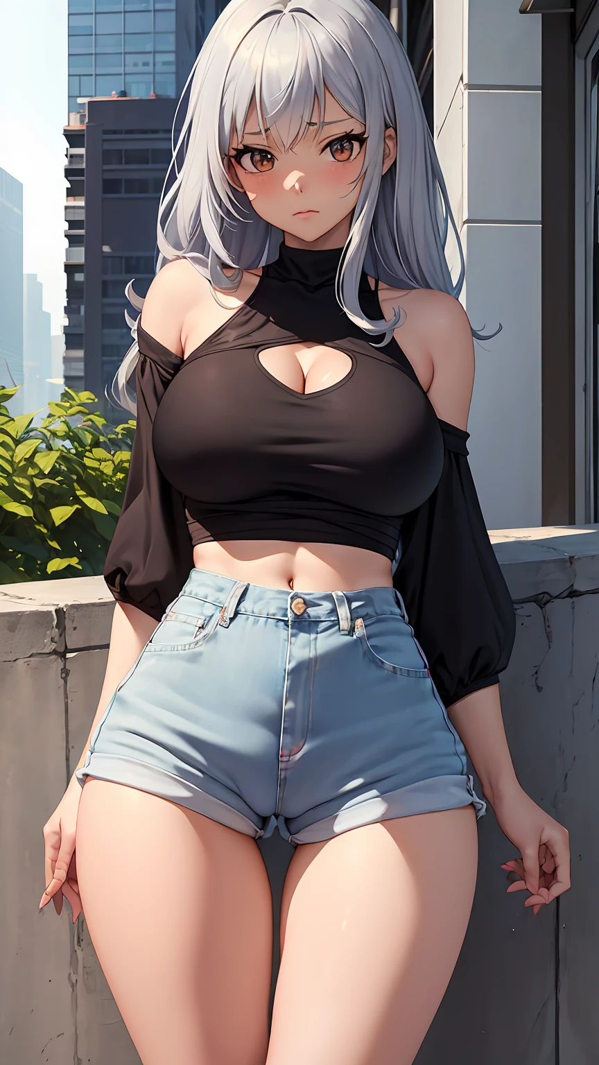 1girl, anime girl, anime, (dark skin), 2d girl, 18y, (fullbody), standing, anime girl, pensive, (silver hair), ((black blouse)), Solo, Slim, large breasts, big , big Breasts, Tight Shorts, low waist shorts, upshorts, skyscrapers background, modern city, looking at viewer, darker shadows, (((Wedgie))), (((explicit))), (((shorts))), (((absurdres))), (((thigh gap))), (((cameltoe))), (((cleft of venus))), (((lowleg shorts))), (((innie pussy))), (((inniepussy))), (((innie_pussy)))