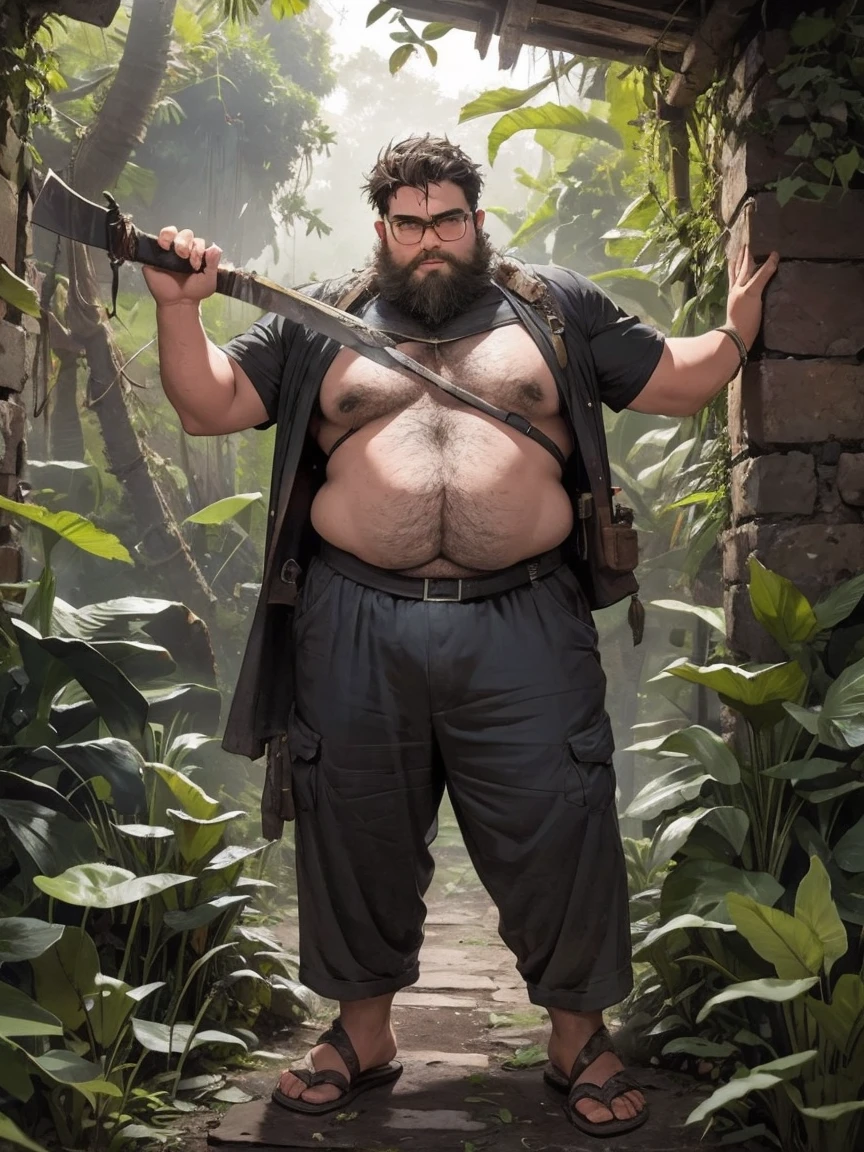 One boy, beard, Glasses, obesity, Explorer, jungle, Lush, mysterious, ancient ruins, (Vintage Gear), (Machete), Big tree々, Sunshine pours in, Animals in the wild, Dark green leaves, Vines, Labyrinthine, adventure, discovery, full body