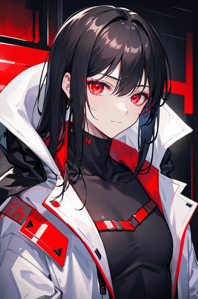 portrait, male, beauty, black hair, red eyes, cyberpunk, white coat, Intellectual, Leisure, small smile