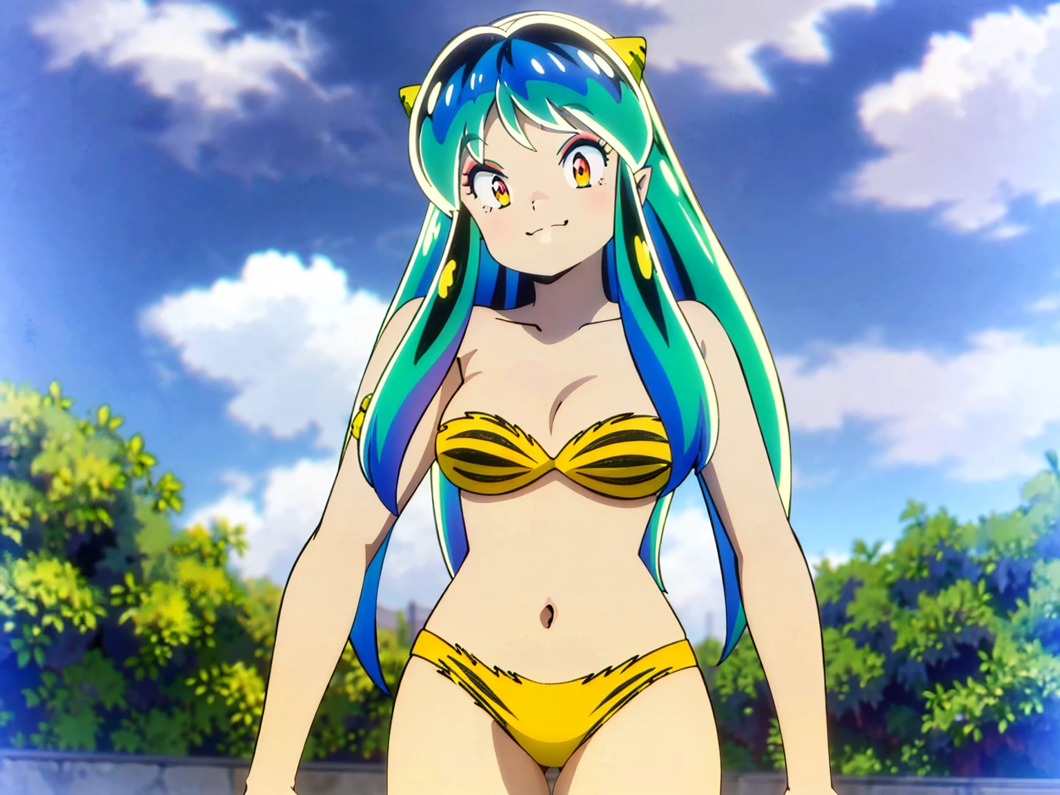 Tabletop, Highest quality, Ultra-high resolution, Highest quality, Anime Style, Alien Girl, They are, , Attractive girl, Long Green Hair, Yellow horn, Ram, Ram_Bikini, Yellow tabby bikini, A carefree smile, Animated facial expressions, Face Focus, close, pov