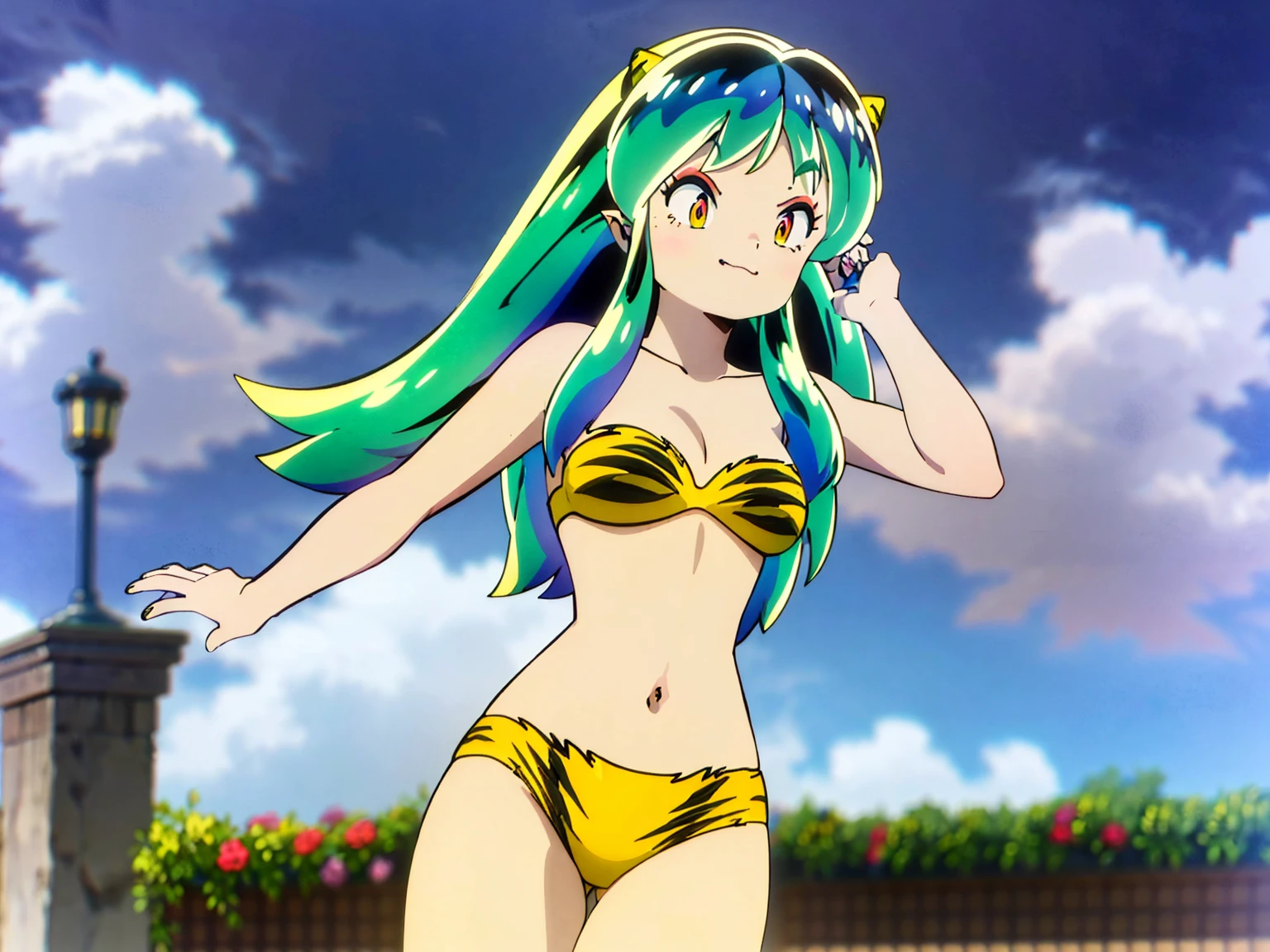 Tabletop, Highest quality, Ultra-high resolution, Highest quality, Anime Style, Alien Girl, They are, , Attractive girl, Long Green Hair, Yellow horn, Ram, Ram_Bikini, Yellow tabby bikini, A carefree smile, Animated facial expressions, Face Focus, close, pov