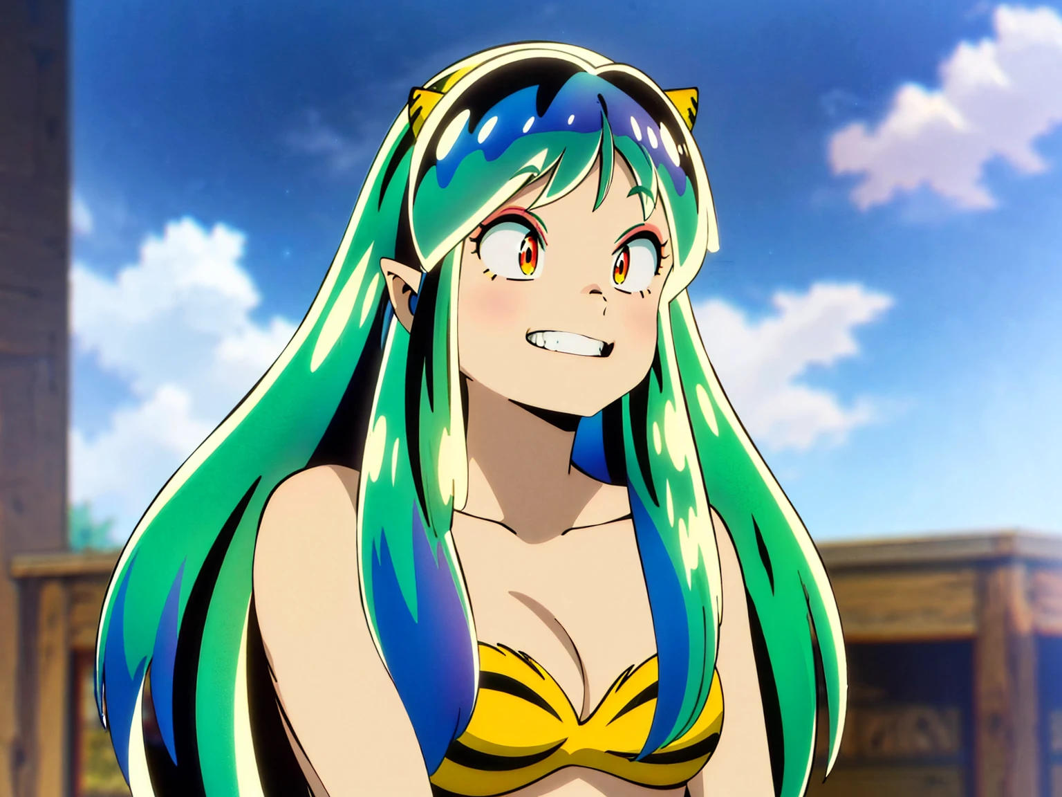 Tabletop, Highest quality, Ultra-high resolution, Highest quality, Anime Style, Alien Girl, They are, , Attractive girl, Long Green Hair, Yellow horn, Ram, Ram_Bikini, Yellow tabby bikini, A carefree smile, Animated facial expressions, Face Focus, close, pov