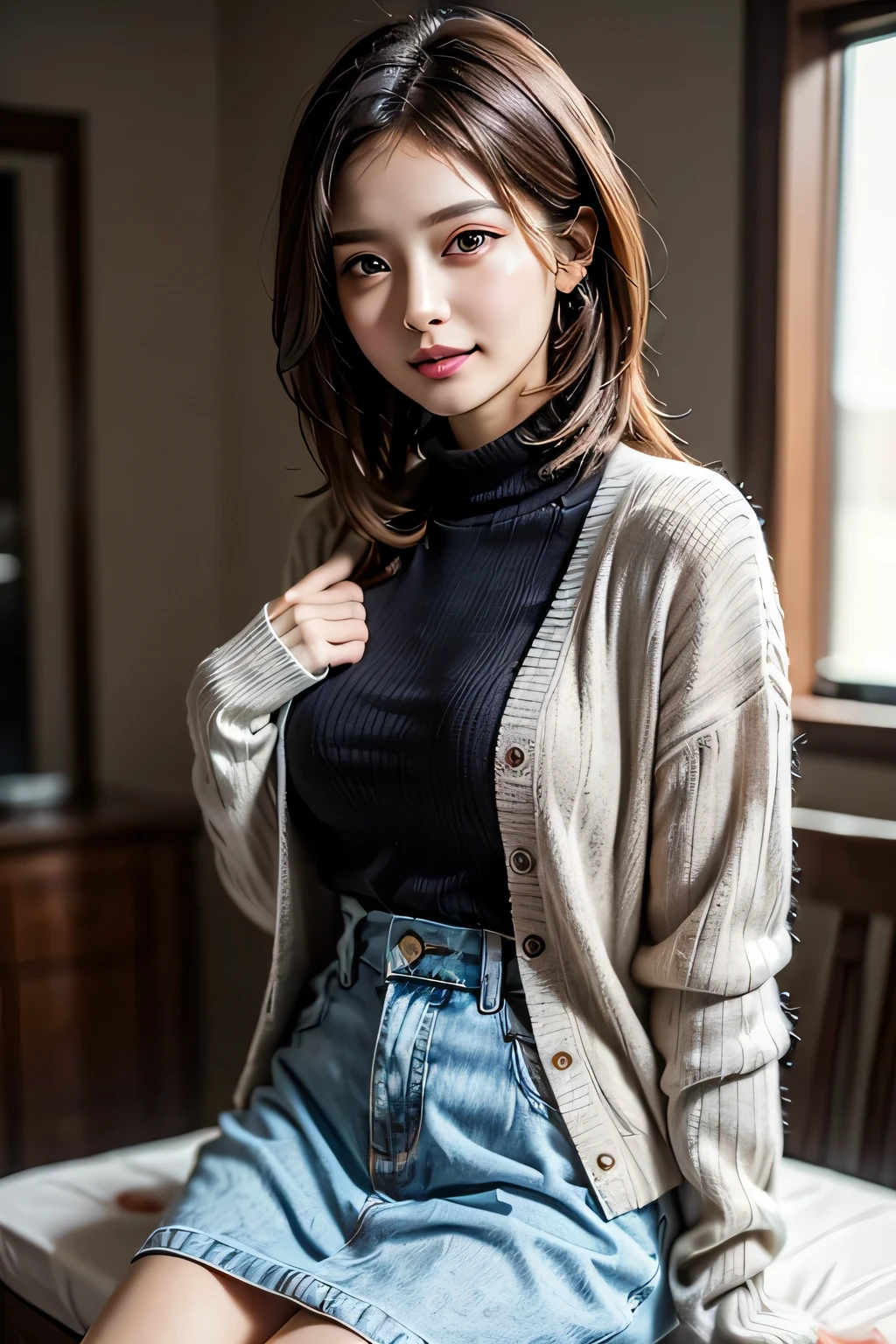 1 female, (Beautiful face with detailed shading), whole body, 40s, (Big Breasts), Beaver, Brown eyes, (Pink Cardigan), Open cardigan, White Camisole Blouse, (Yellow pleated skirt), White knee-high, On the bed, (Tabletop)), ((Highest quality)), (Very detailedな), ((attractive)), ((Very detailed)), 4K, (8k), Highest quality, (beautiful),(((World Class Quality))), Very detailed, High resolution,