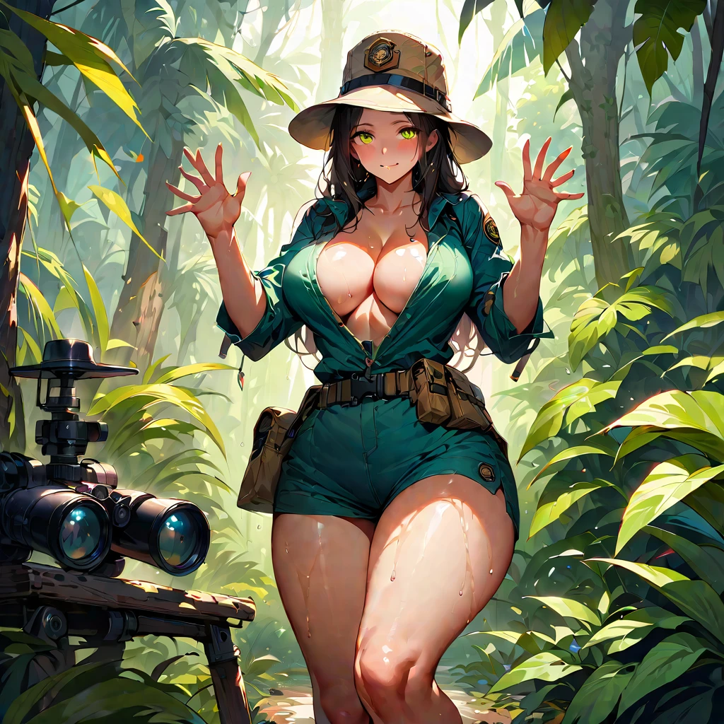 Young beautiful woman,(Highest quality,Extremely detailed depiction,Incredibly absurd high resolution,Anatomically accurate depiction,Nice hands, Perfect Fingers,Curvy Legs),(Glowing Skin,Shiny skin,Sweat),Explorer's attire,Explorer's Hat,There is cleavage in the chest,binoculars,background:jungle,animal,Fantasy