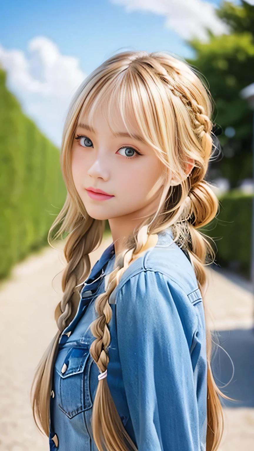 Sexy Big 、Sexy cute looks and cute beautiful girl, beautiful and sexy face、A strong wind blows my hair in front of my face、beautiful long blonde French braided hair、beautiful, Cute and sexy eyes hidden behind long bangs
