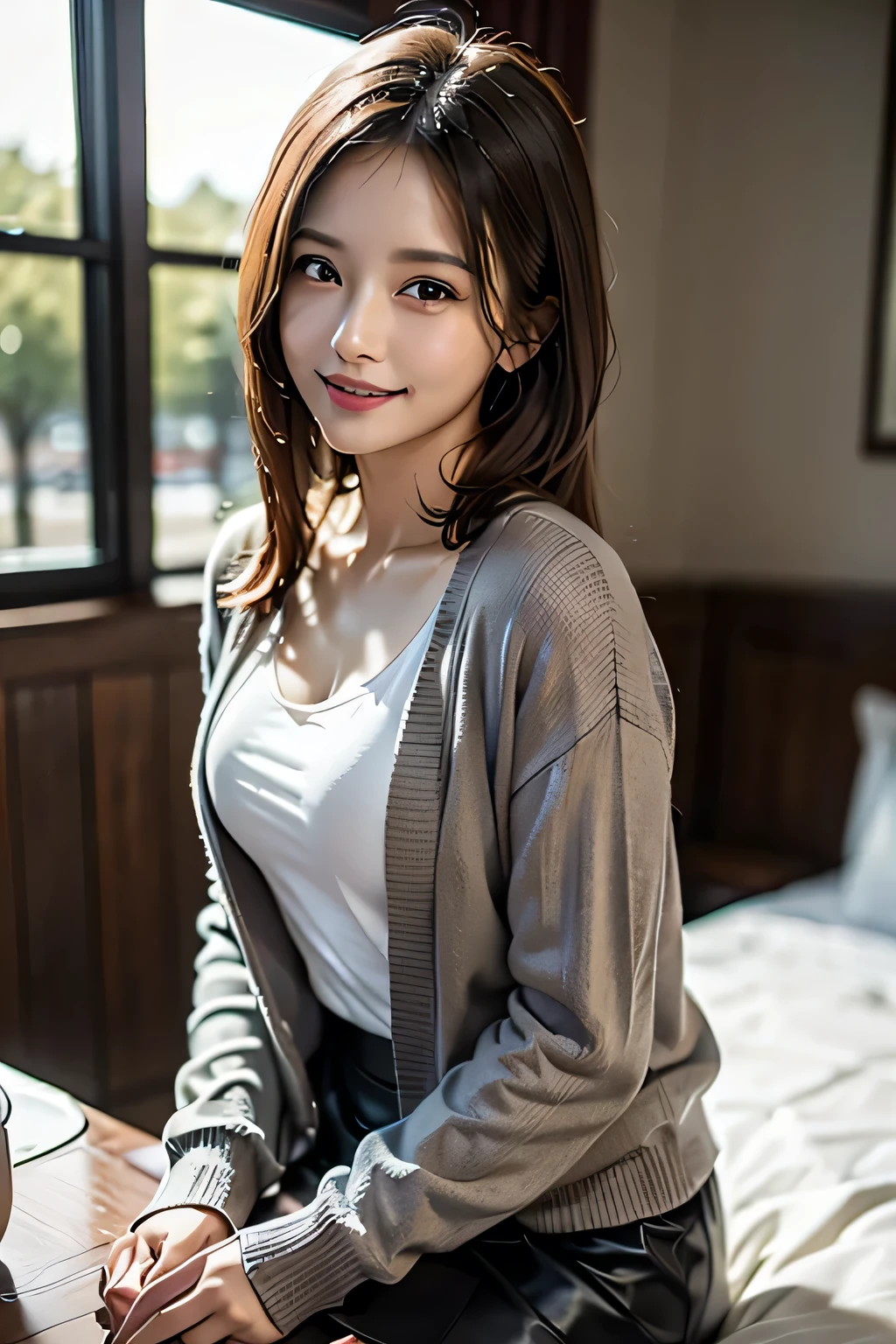 1 female, (Beautiful face with detailed shading), whole body, 40s, (Big Breasts), Beaver, Brown eyes, (Pink Cardigan), Open cardigan, White Camisole Blouse, (Yellow pleated skirt), White knee-high, On the bed, (Tabletop)), ((Highest quality)), (Very detailedな), ((attractive)), ((Very detailed)), 4K, (8k), Highest quality, (beautiful),(((World Class Quality))), Very detailed, High resolution,