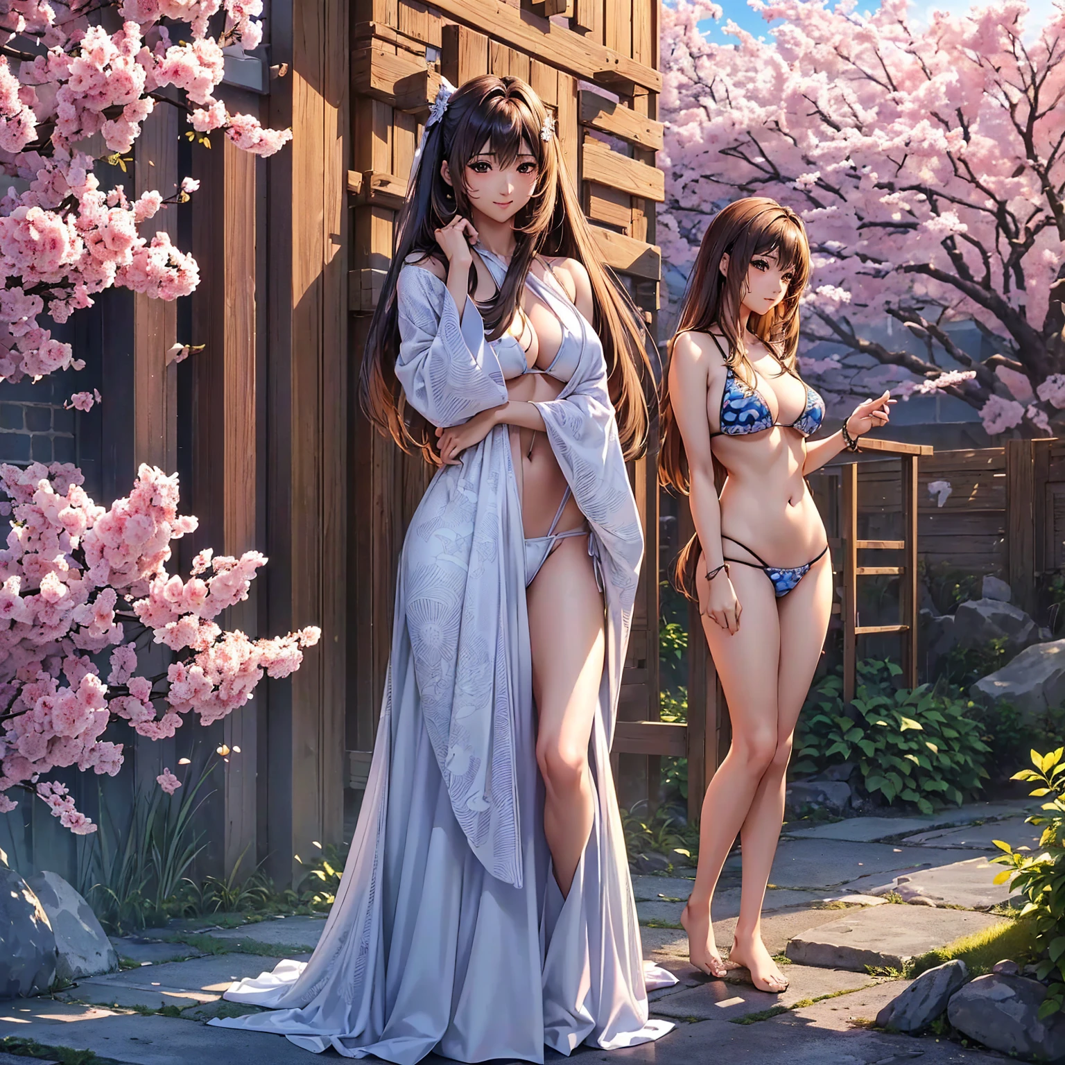 (Highest quality、masterpiece、Very high resolution、Ultra HD、2.5th dimension 1.5)、(A woman who combines perfection and ultimate beauty:1 person、Highly detailed face、Highly detailed body、18 years old 1.5)、Realistic portraits、Beautiful body、Beautiful Face、(Perfect figure:Beautiful Breasts F Cup 1.5)、(Medium Shorthair 1.5)、(Various Hair Styles、Beautiful Hair、Beautiful Hair)、(((Bikini Swimwear:String Bikini:Colored:Patterned)))、(Realistic textured skin and body、Realistic breast texture:1.5)、(Standing posture、On the front、Look forward:1.5)、(Model pose、Sculpture Pose、Gravure photo、photo shoot:1.5)、Breast charm、Bright smile、Open-air bath at dusk、Natural hot springs illuminated by the setting sun、sunset、Natural open-air bath、Hair flutters under the influence of the wind、Styling hair by hand、Cherry tree in full bloom、The cherry blossoms are beautiful、Beautiful views、Beautiful sunset、(Exact details、Detailed Images、Accurate Images、Perfect Image 1.5)