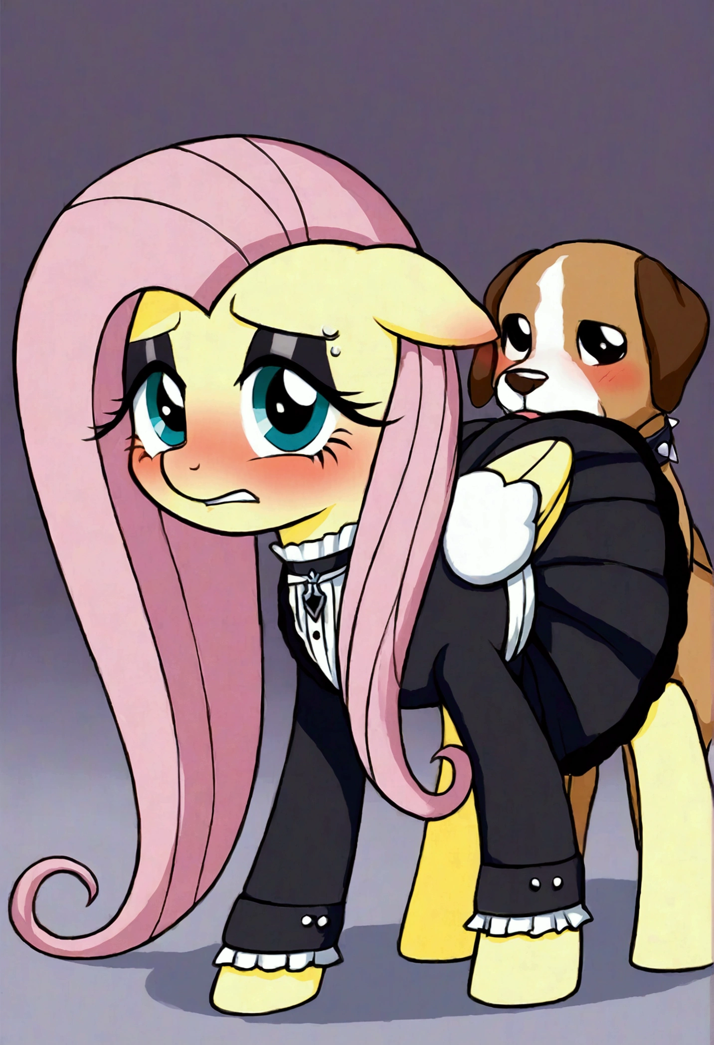 My little pony, fluttershy goth, ((dog fuck while she is on all fours)), blush, pain face