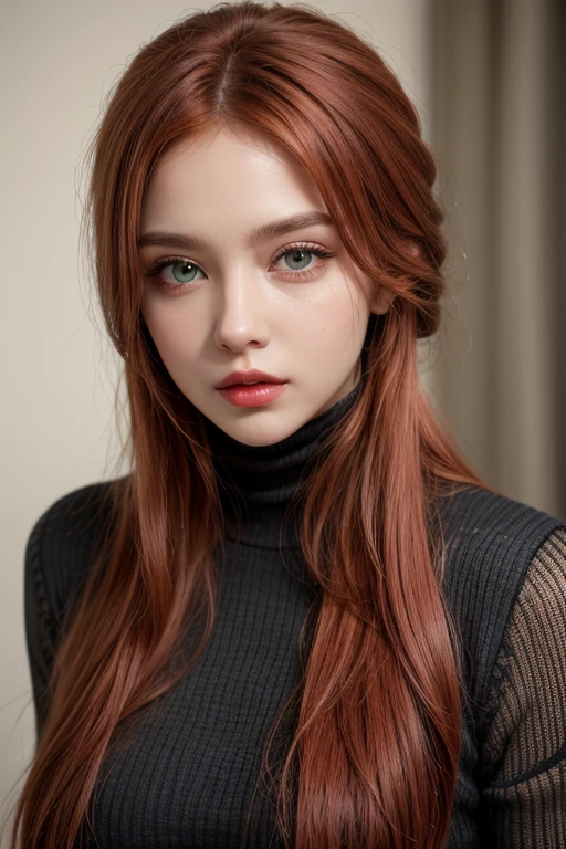 Miniature model of a Woman She wears Islamic clothes with the Islamic hijab , curvy body,high face quality,green eyes, red lips,huge longest red hair with very largest red hair,perfect face, Ultra-realism, Details, 8K, High quality, Full HD