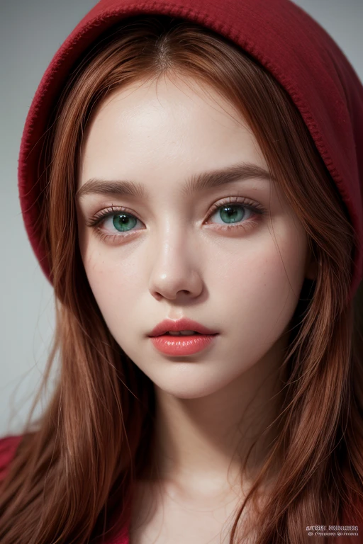 Miniature model of a Woman She wears Islamic clothes with the Islamic hijab , curvy body,high face quality,green eyes, red lips,huge longest red hair with very largest red hair,perfect face, Ultra-realism, Details, 8K, High quality, Full HD