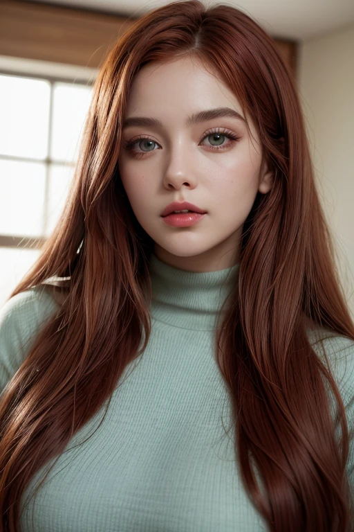 Miniature model of a Woman She wears Islamic clothes with the Islamic hijab , curvy body,high face quality,green eyes, red lips,huge longest red hair with very largest red hair,perfect face, Ultra-realism, Details, 8K, High quality, Full HD