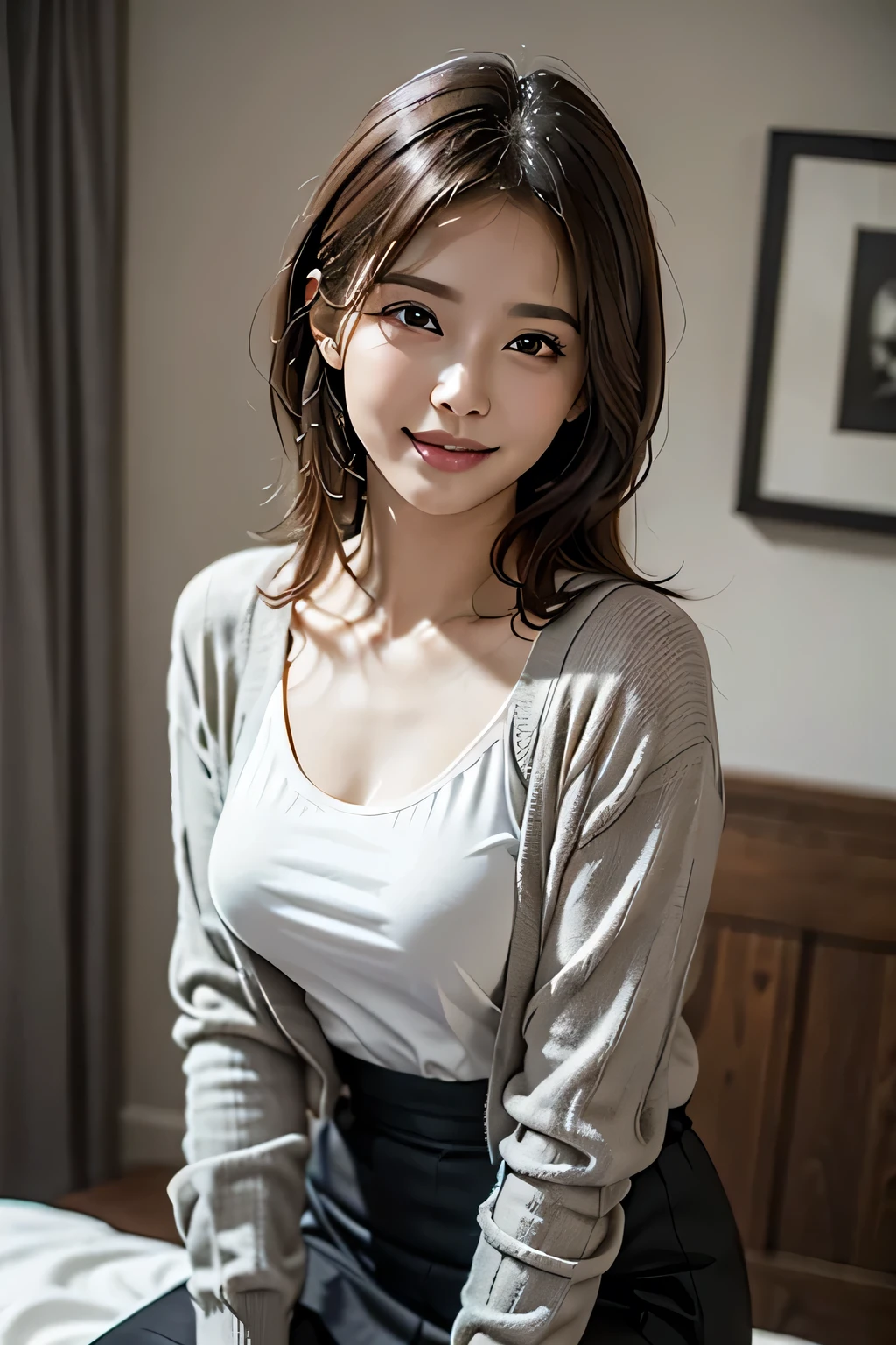 1 female, (Beautiful face with detailed shading), whole body, 40s, (Big Breasts), Beaver, Brown eyes, (Pink Cardigan), Open cardigan, White Camisole Blouse, (Yellow pleated skirt), White knee-high, On the bed, (Tabletop)), ((Highest quality)), (Very detailedな), ((attractive)), ((Very detailed)), 4K, (8k), Highest quality, (beautiful),(((World Class Quality))), Very detailed, High resolution,