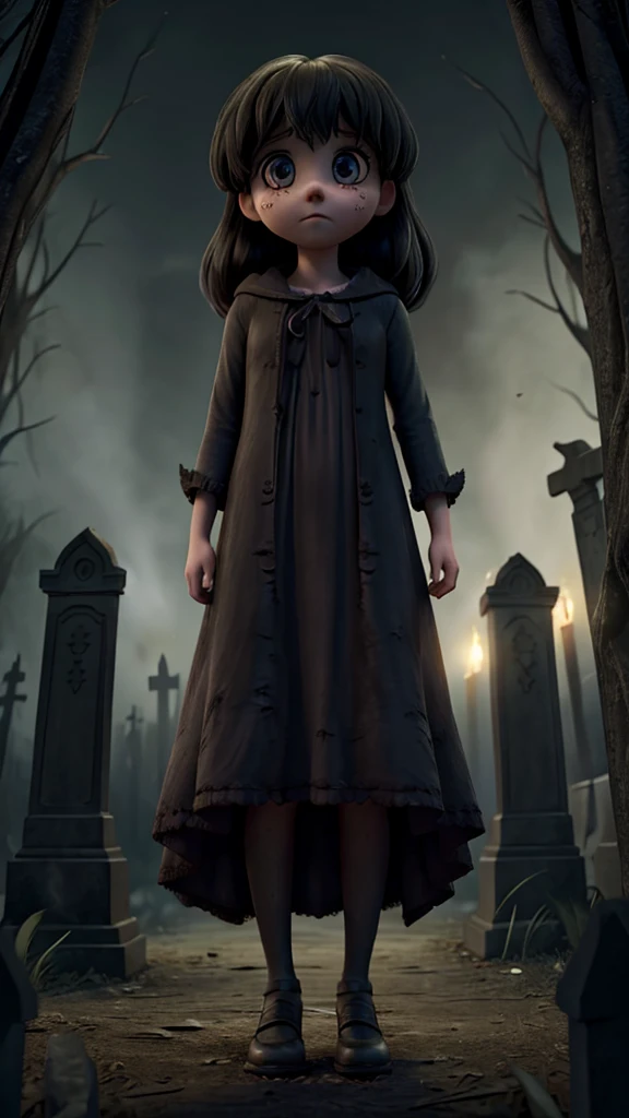 A nervous,fearful,girl in horror haunted creepy dark night cemetery 