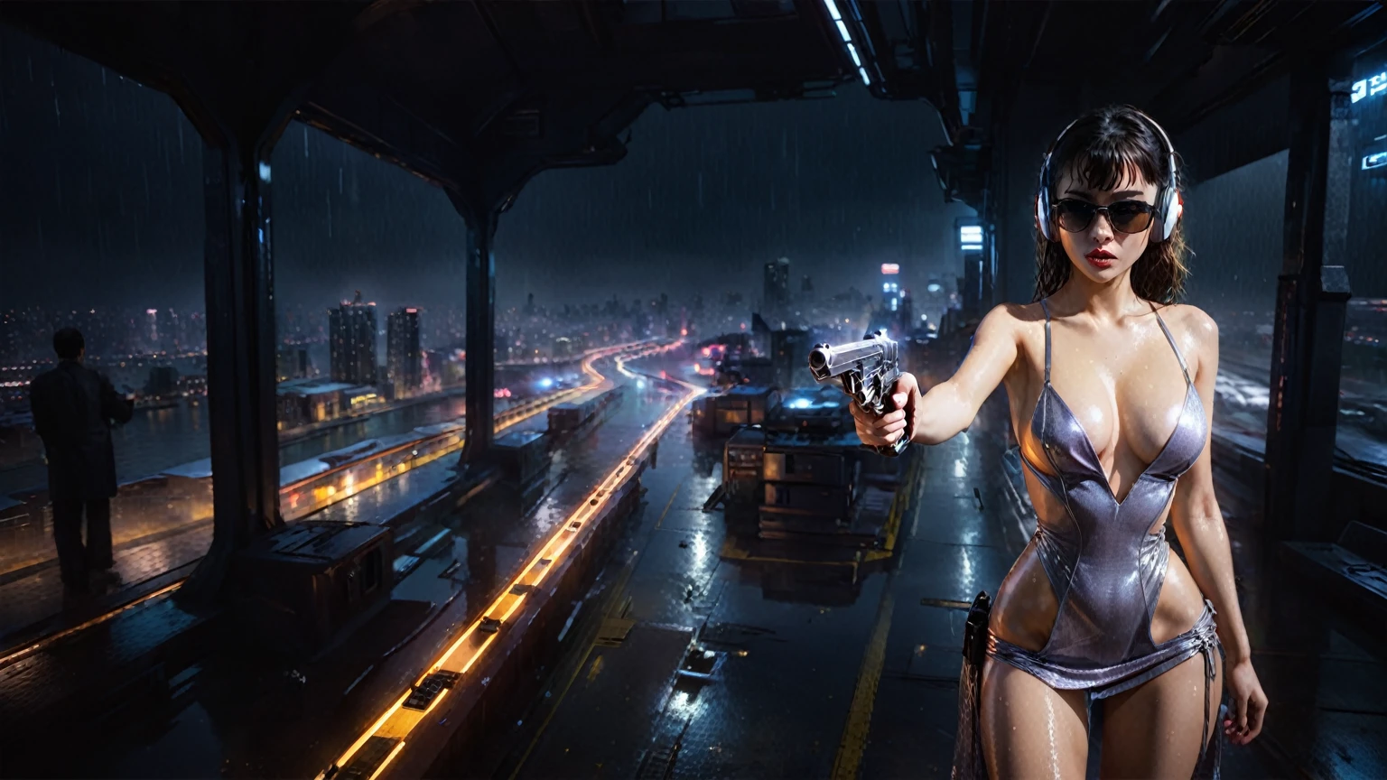 (((aerial view))), (flying cars docking platform), Blade Runner style futuristic railway platform, neon lights, rainy night. (1girl, solo, alone), large-breast:1.2 slim body, cleavage:1.1, sexy wind blowing wet dress:1.4, headphone, (black sunglasses), (((she raised a pistol:1.8 and shot:1.8 the viewer))), dynamic pose, (((half-body thigh level medium shot))), cinematic lighting, lens flare, ray tracing, zoom-in blurred:1.4 background.