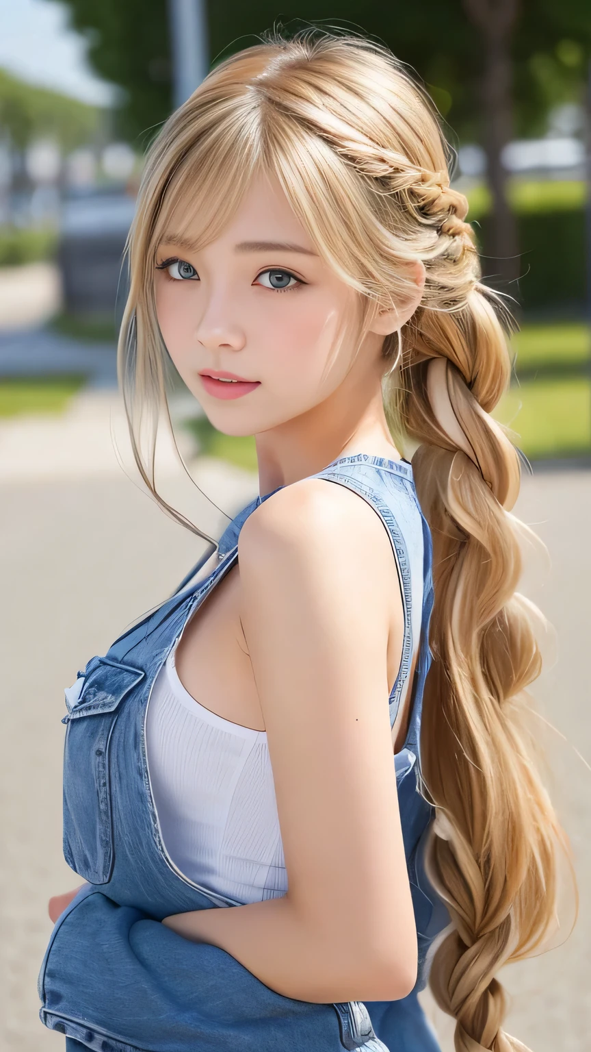 Sexy Big 、Sexy cute looks and cute 15 year old beautiful girl, beautiful and sexy face、A strong wind blows my hair in front of my face、beautiful long blonde French braided hair、beautiful, Cute and sexy eyes hidden behind long bangs