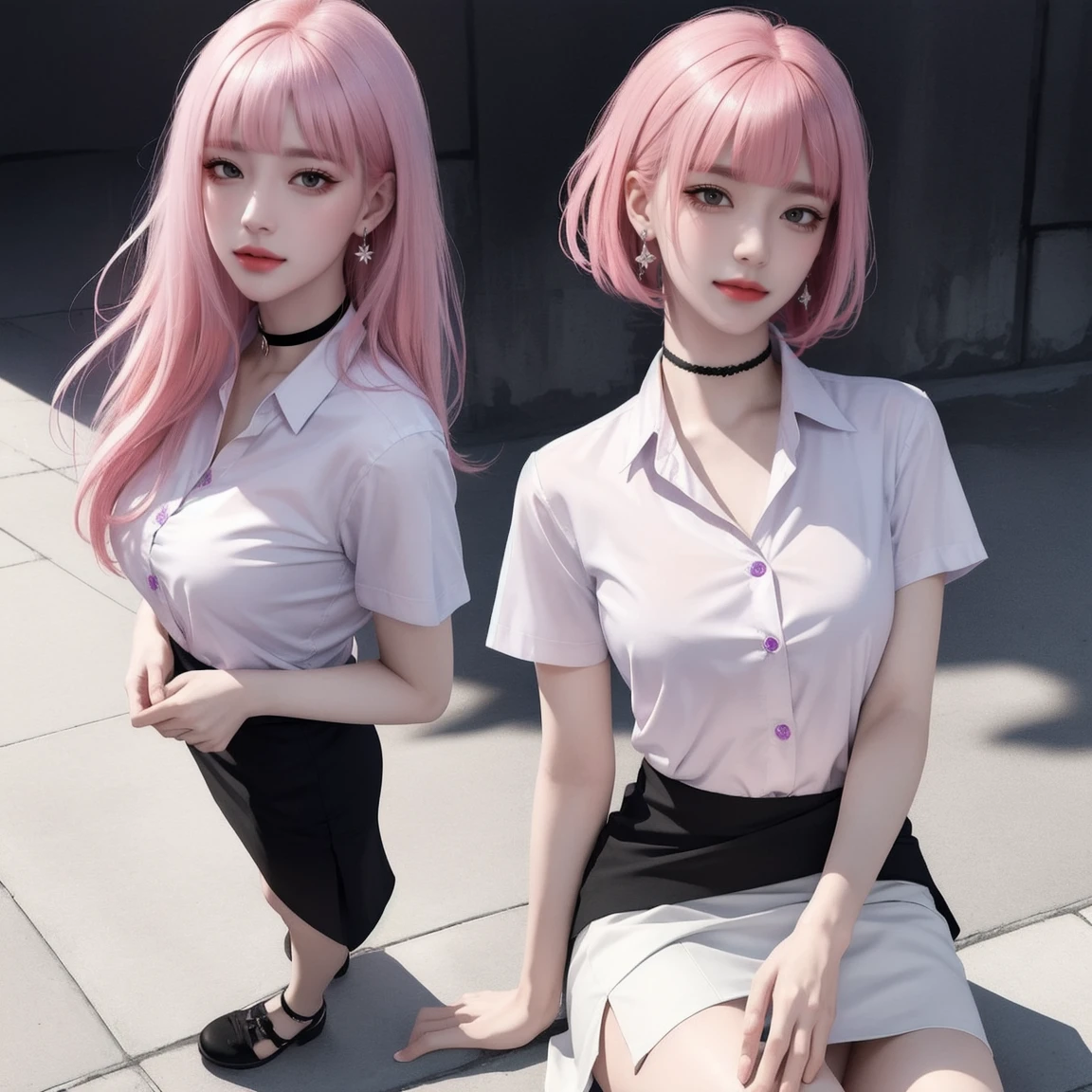 (masterpiece, Highest quality, One girl, alone, Intricate details, chromatic aberration), (Realistic),(skin), ((breathe)),(Pink Hair, Blunt bangs),Detailed Hair, Red headdress, Blue Highlights, Hair on one eye, Purple eyes, Earrings, Sharp eyes, choker,((White shirt short sleeve)),((black pencil short skirt)),((Symmetrical eyes)),((Perfectly symmetrical body)),(Pure Eros Face_v1:0.3), night,(((Natural light))),Backlight, Against a grey wall, Dim lighting ,View the viewer,((Center shot, from the front,(Face and waist))), (full body:1.5), (three view drawing, front and back and side, character sheet:1.3)