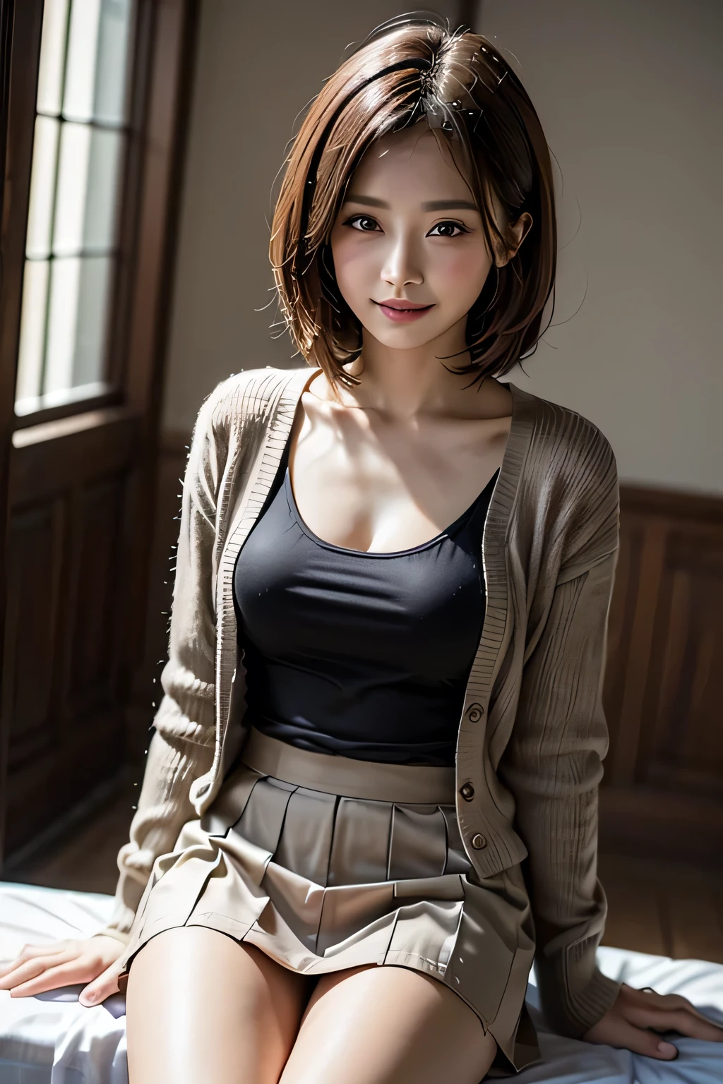 1 female, (Beautiful face with detailed shading), whole body, 40s, (Big Breasts), Beaver, Brown eyes, (Pink Cardigan), Open cardigan, White Camisole Blouse, (Yellow pleated skirt), White knee-high, On the bed, (Tabletop)), ((Highest quality)), (Very detailedな), ((attractive)), ((Very detailed)), 4K, (8k), Highest quality, (beautiful),(((World Class Quality))), Very detailed, High resolution,