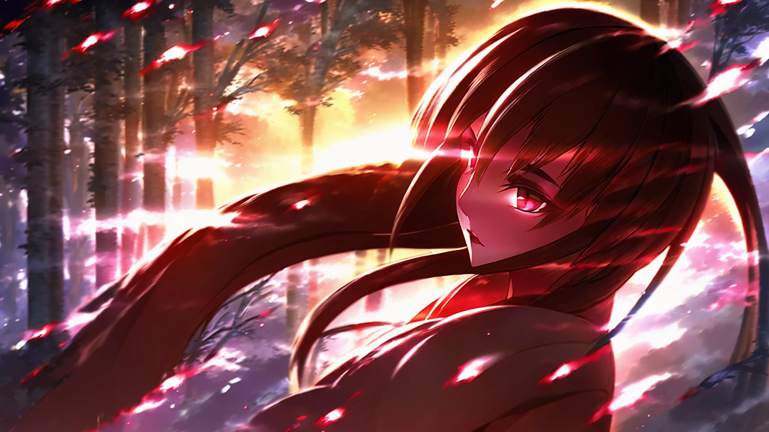 a beautiful girl akame, detailed face, detailed eyes, long eyelashes, sword in hand, dark red hair, white and red outfit, standing in a dark fantasy forest, moonlight shining, dramatic lighting, cinematic, highly detailed, 8k, photorealistic